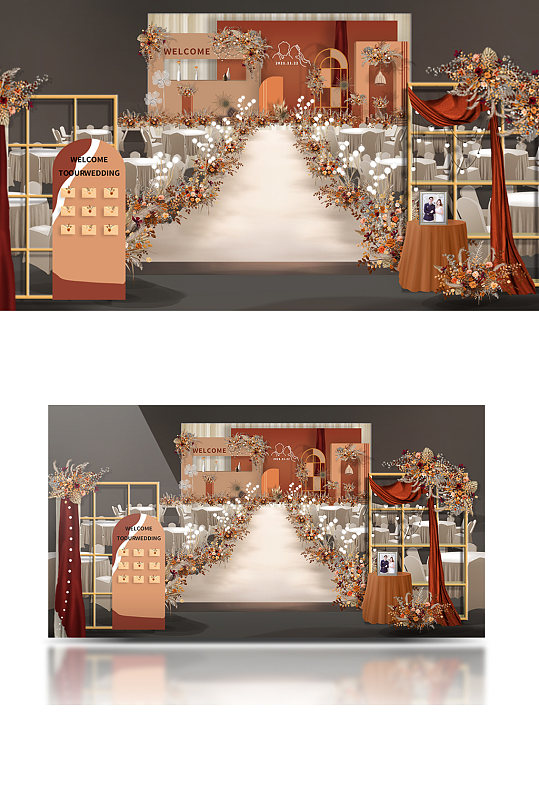 焦糖色婚礼主舞台效果图仪式区浪漫复古-众图网