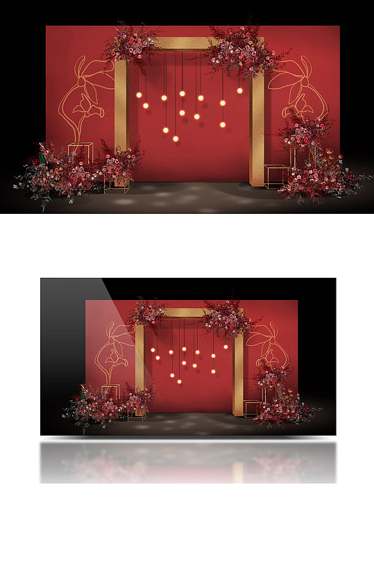 简约红金色婚礼效果图迎宾区合影背景板-众图网