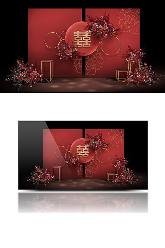 简约红金色新中式婚礼效果图温馨背景板