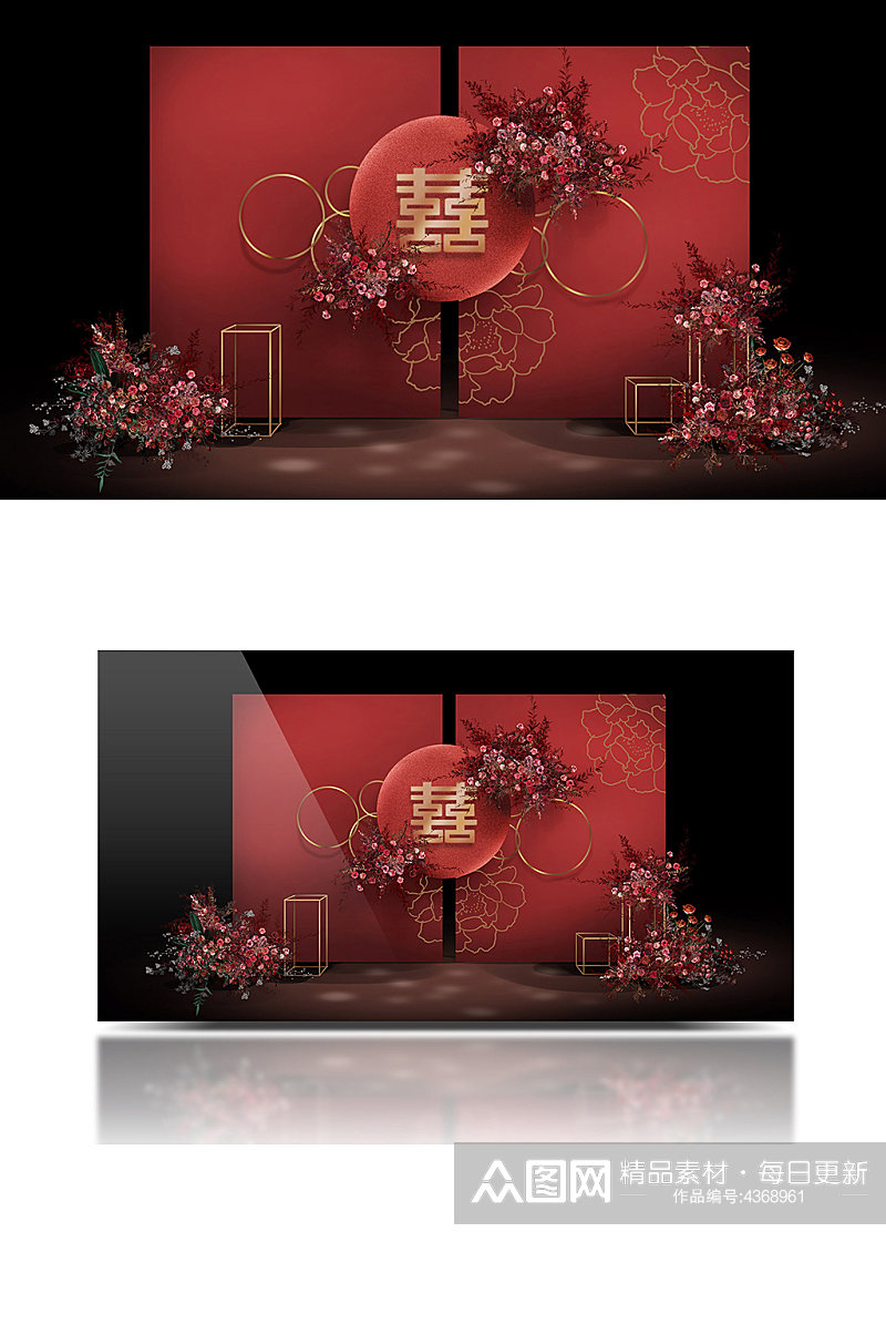 简约红金色新中式婚礼效果图温馨背景板素材