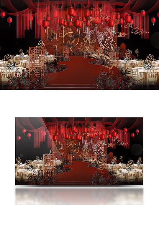 中式婚礼效果图大气喜庆红色仪式区舞台-众图网