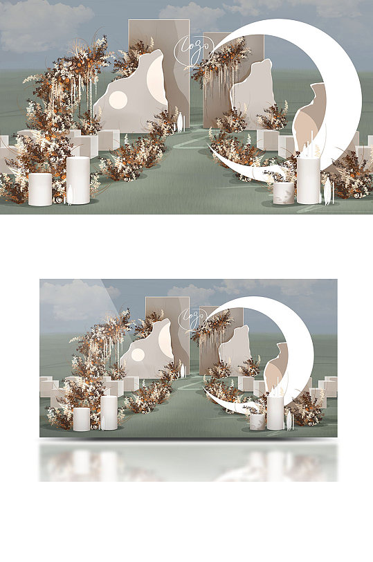 咖色泰式户外婚礼效果图合影背景板舞台-众图网