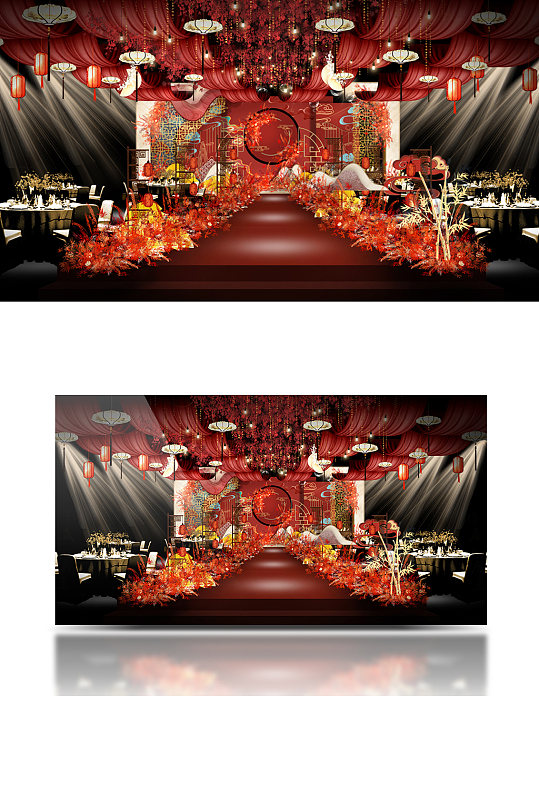 红色中式婚礼效果图梦幻大气舞台仪式区-众图网