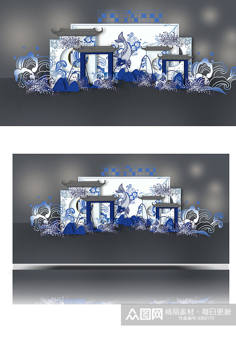蓝色建筑婚礼效果图中式舞台合影背景板素材