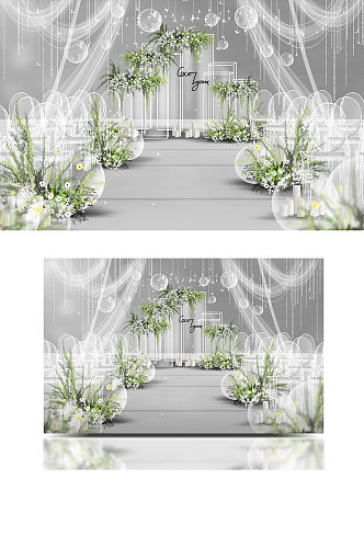 极简白绿色小清新千纸鹤飞鸟吊顶婚礼效果图