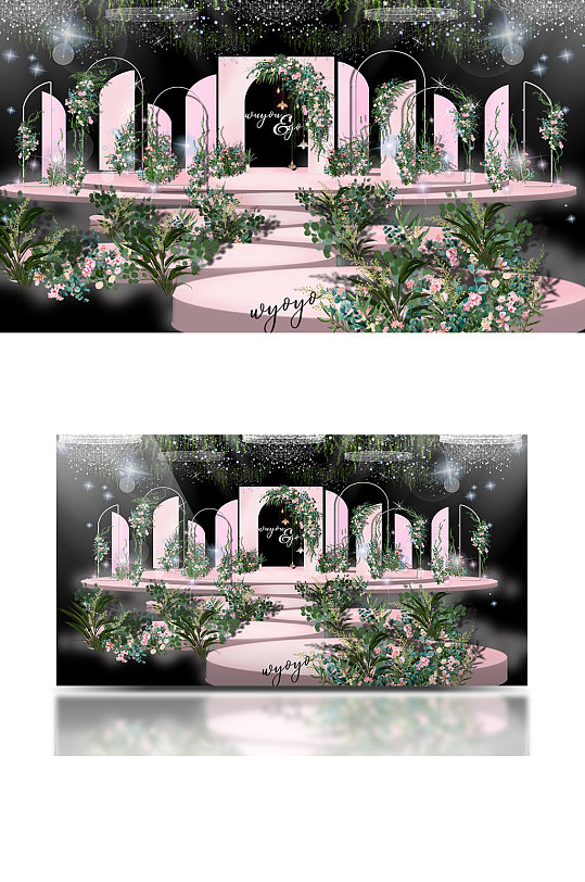 粉色婚礼效果图高级粉森系婚礼舞台清新-众图网
