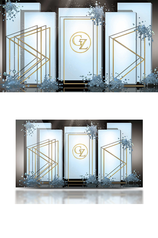 蓝色梦幻婚礼效果图舞台清新背景板合影-众图网