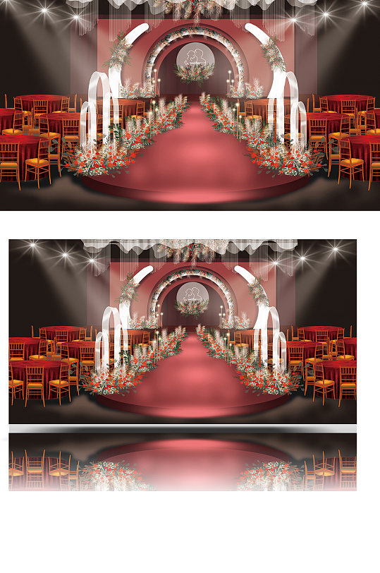 中式红色婚礼效果图大气浪漫舞台仪式区-众图网