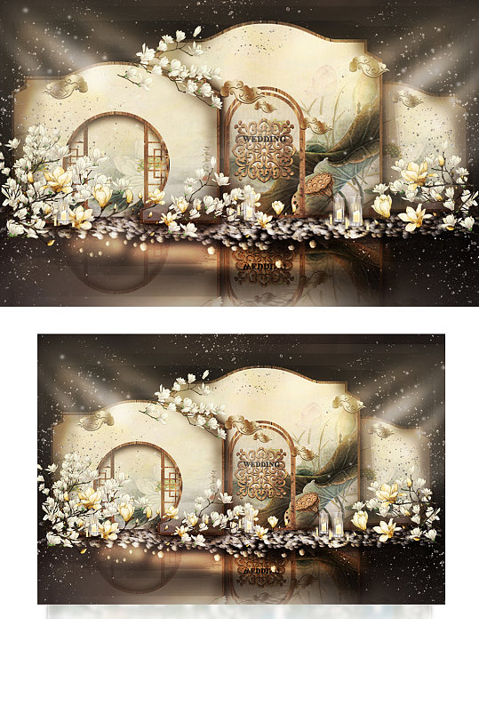 新中式婚礼合影区效果图复古梦幻背景迎宾-众图网