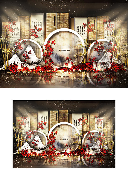 新中式婚礼合影区效果图红金色迎宾背景板-众图网