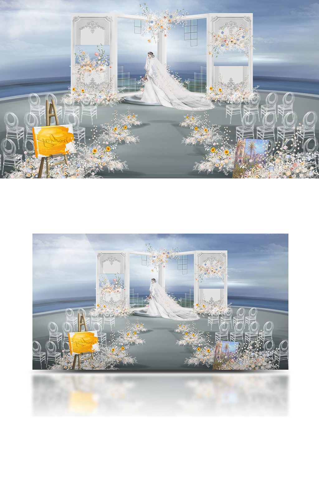 原创白色法式户外婚礼效果图浪漫海边素材