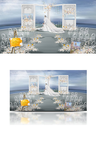 原创白色法式户外婚礼效果图浪漫海边