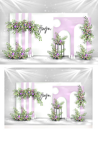 原创香芋紫色撞色婚礼迎宾区效果图背景板