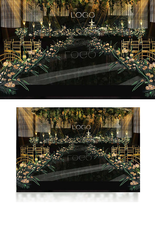 森系婚礼仪式区效果图舞台金色大气浪漫-众图网
