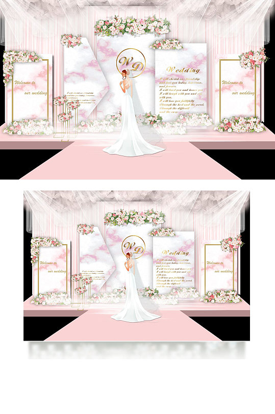 粉色大理石婚礼效果图迎宾区舞台仪式区可爱-众图网