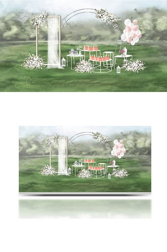 原创婚礼效果图甜品区迎宾区白色清新草坪-众图网