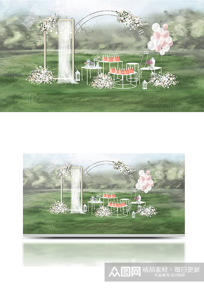 原创婚礼效果图甜品区迎宾区白色清新草坪素材