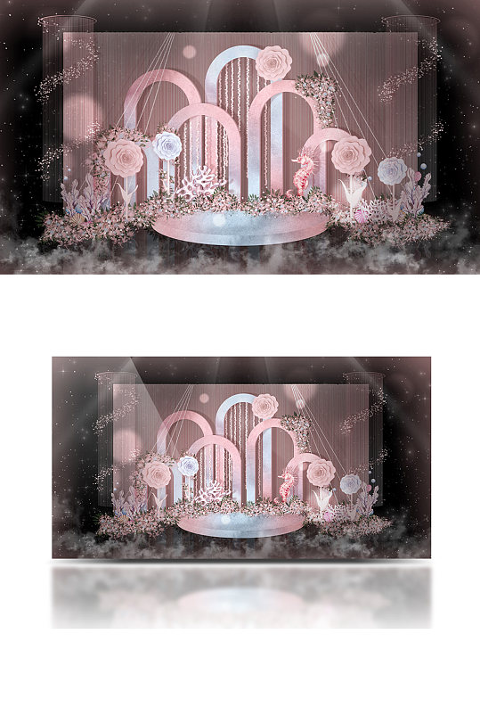 粉蓝海洋系婚礼效果图可爱卡通合影背景板-众图网