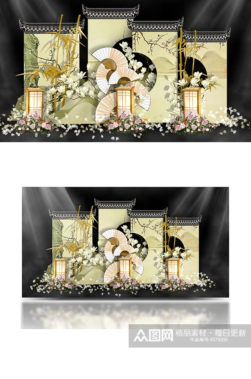 香槟色新中式婚礼效果图合影背景板浪漫素材