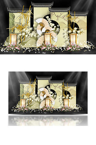 香槟色新中式婚礼效果图合影背景板浪漫