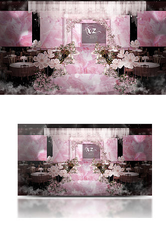粉色大理石简约婚礼效果图合影仪式区背景板