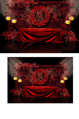 中式汉代婚礼签到桌效果图舞台仪式区背景板