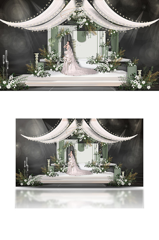 白绿色韩系婚礼舞台仪式区浪漫清新合影-众图网