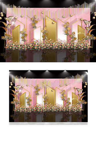 粉金色质感婚礼迎宾区效果图合影背景板