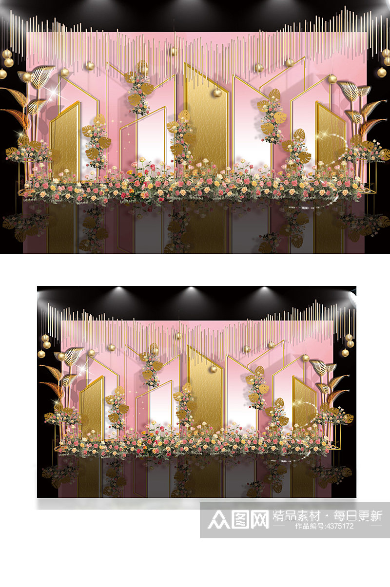 粉金色质感婚礼迎宾区效果图合影背景板素材
