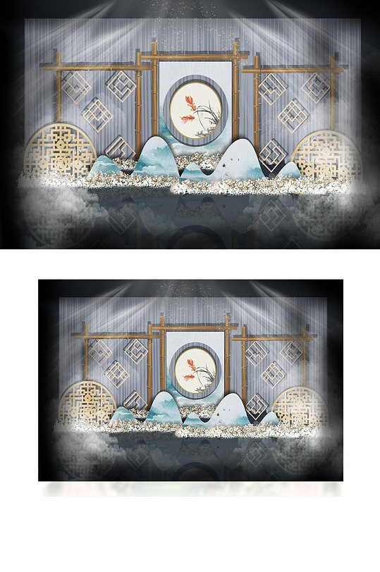 中式蓝色素雅婚礼迎宾区合影背景板浪漫-众图网