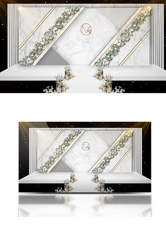 轻奢白色大理石婚礼舞台效果图合影背景板