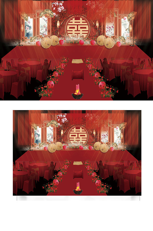 中国风红色中式传统婚礼效果图舞台仪式区