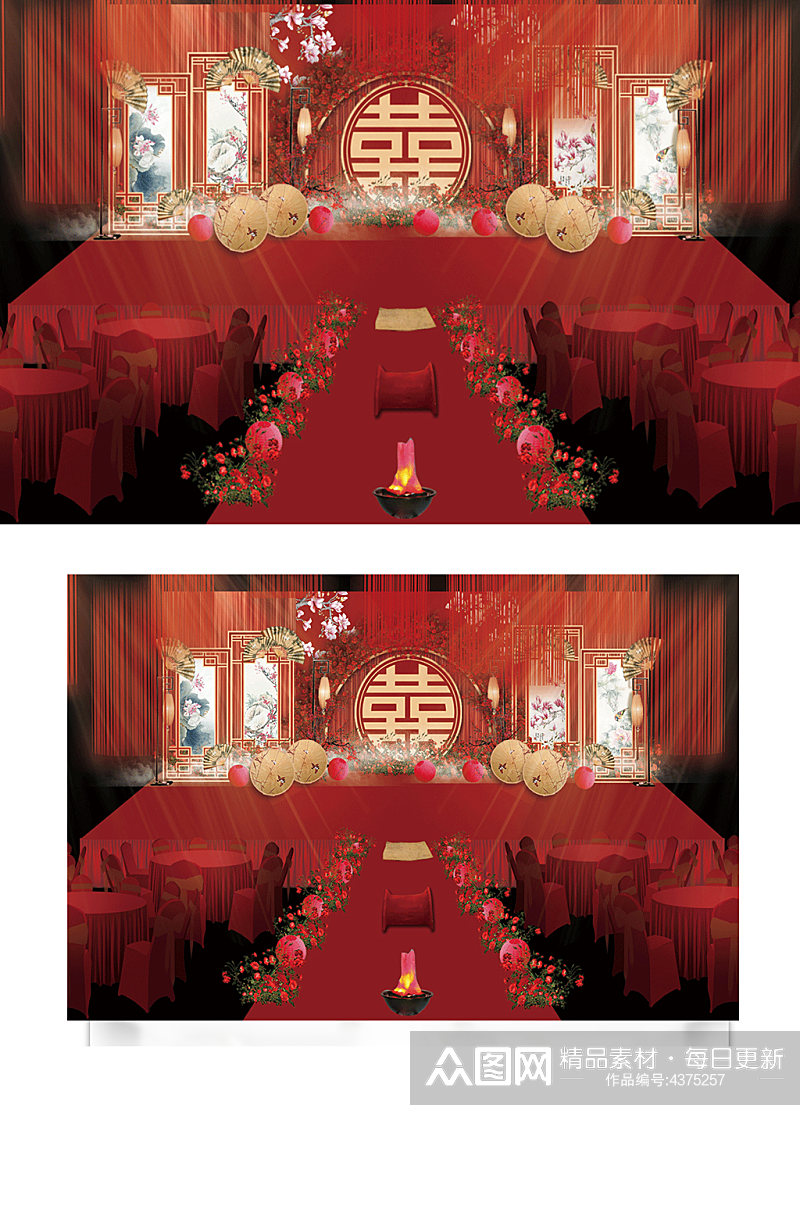 中国风红色中式传统婚礼效果图舞台仪式区素材