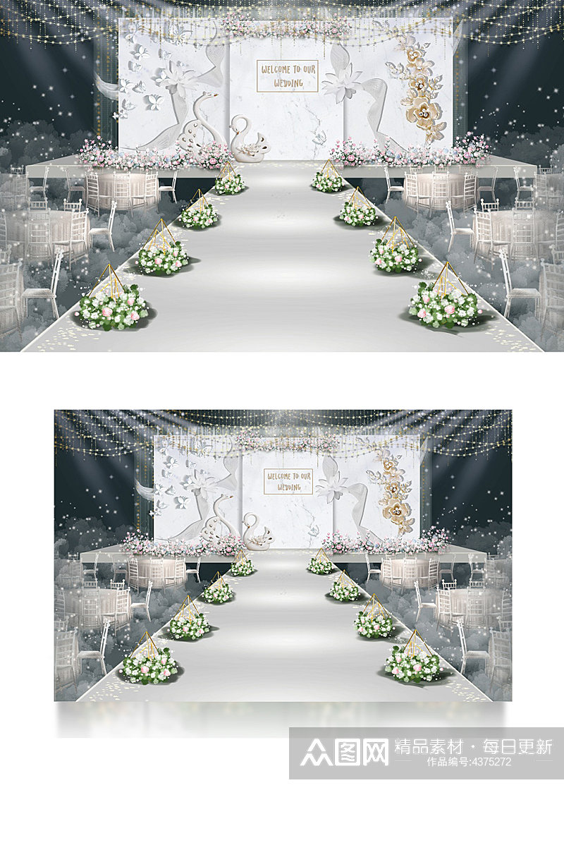白色简约大理石风婚礼效果图舞台仪式区素材