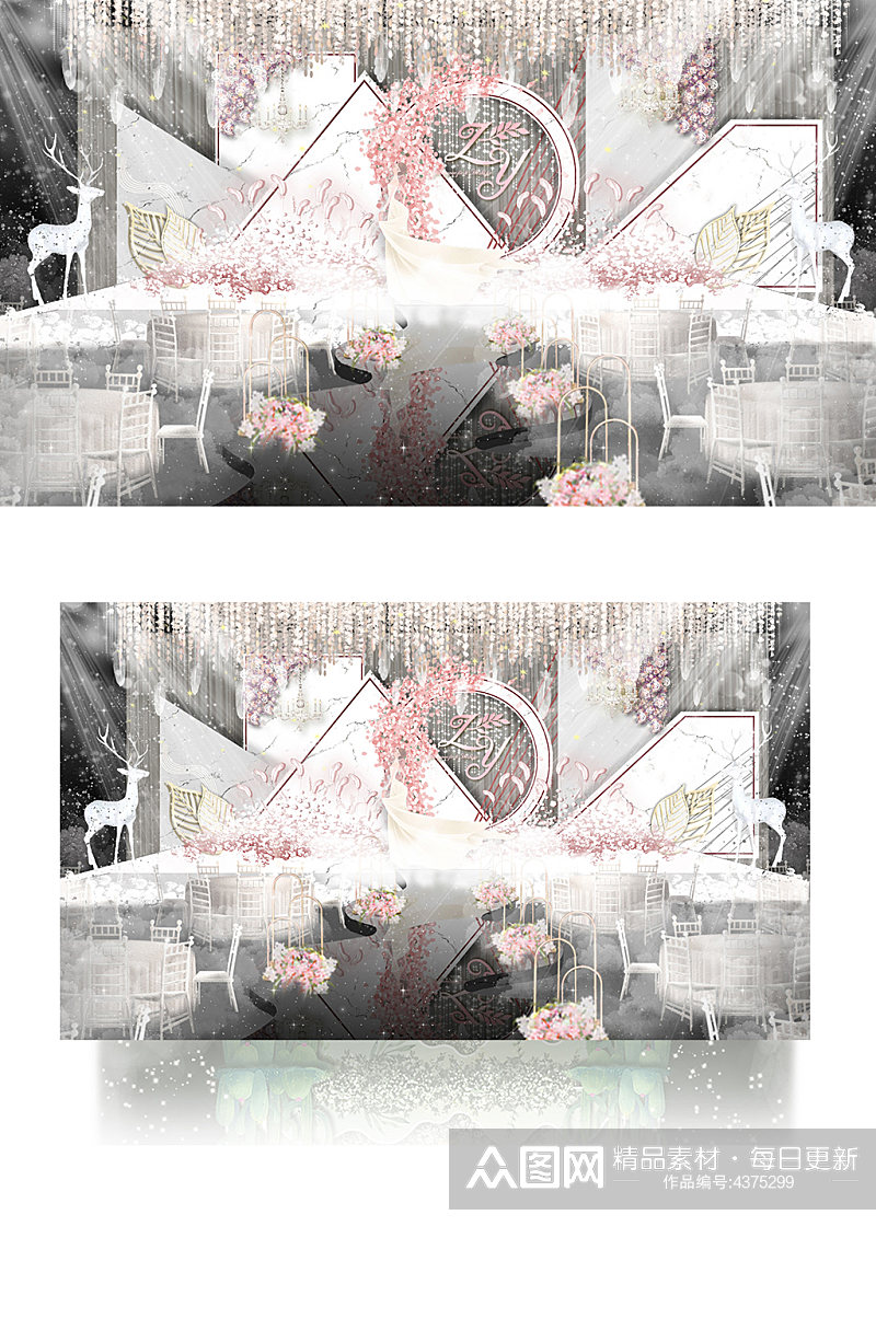西式素雅清新大理石红白婚礼效果图粉色舞台素材