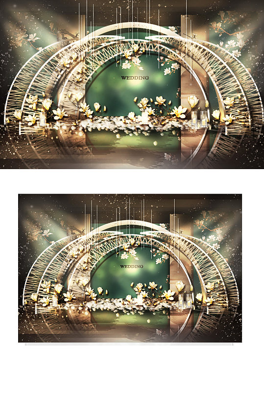 新中式婚礼合影区效果图绿色复古背景迎宾-众图网