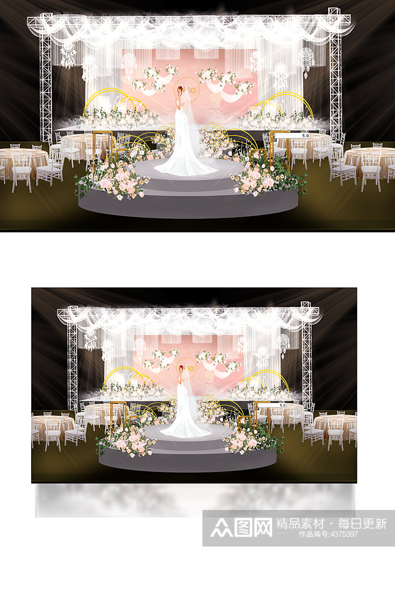 粉色可爱风婚礼浪漫唯美舞台仪式区效果图素材