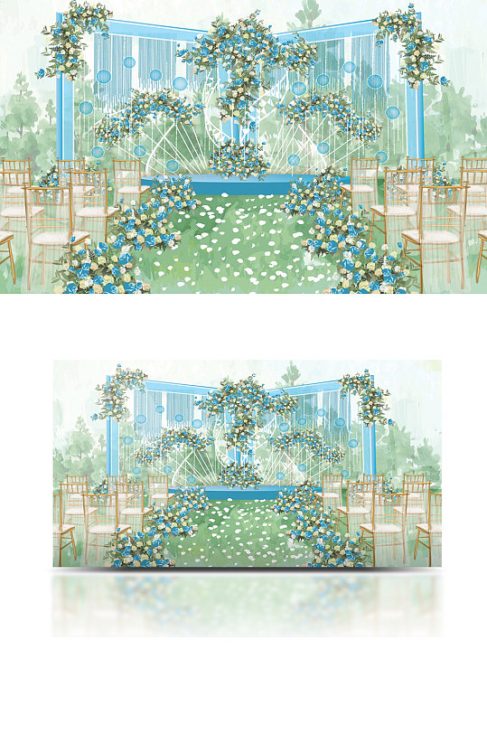 清新蓝色户外婚礼效果图设计草坪唯美