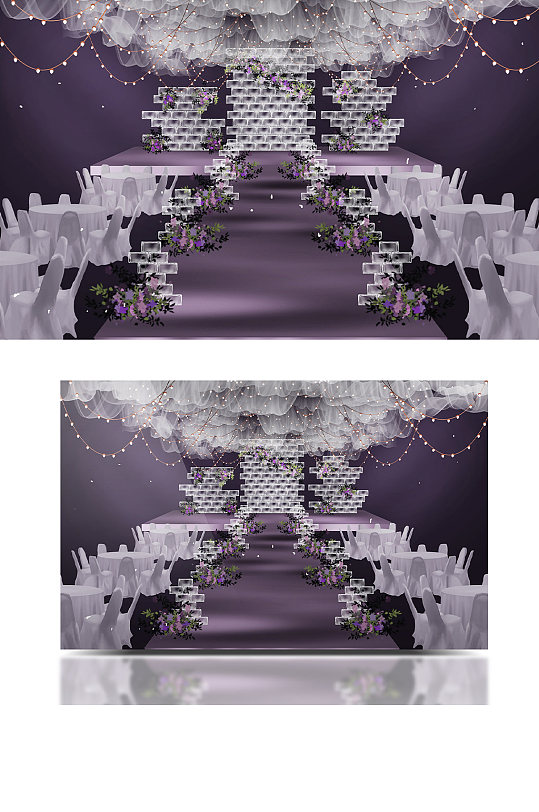 唯美高端浪漫简约深紫色水晶婚礼效果图舞台