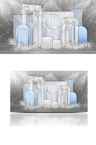 梦幻冬季飘雪主题婚礼效果图清新蓝白背景板
