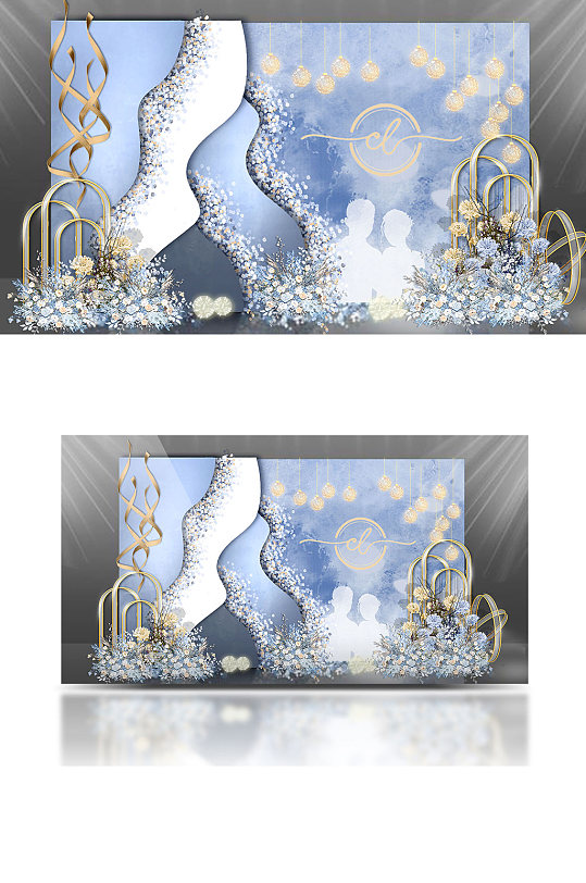 原创蓝黄色婚礼迎宾淡雅梦幻唯美背景板-众图网