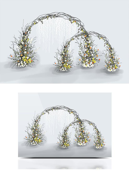 春黄橙绿清新自然系花门户外婚礼效果图拱门