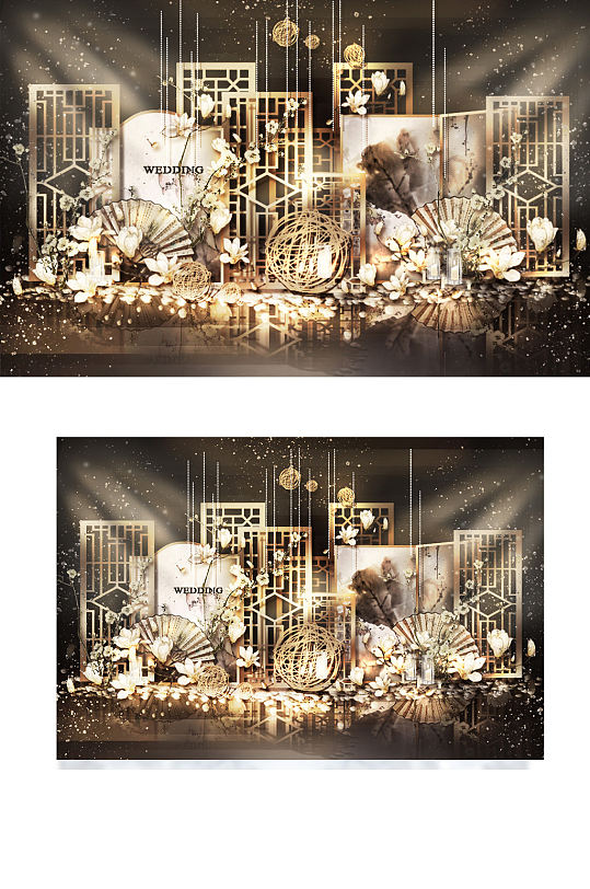 新中式婚礼合影区效果图香槟金复古背景板-众图网