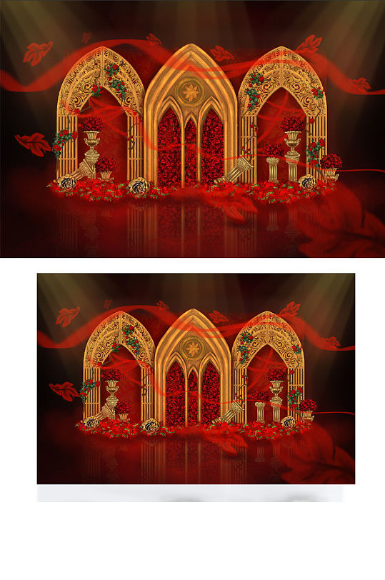 大型铁艺欧式红金婚礼效果图喜庆合影迎宾-众图网