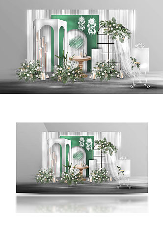 白绿色小清新婚礼效果图合影迎宾背景板