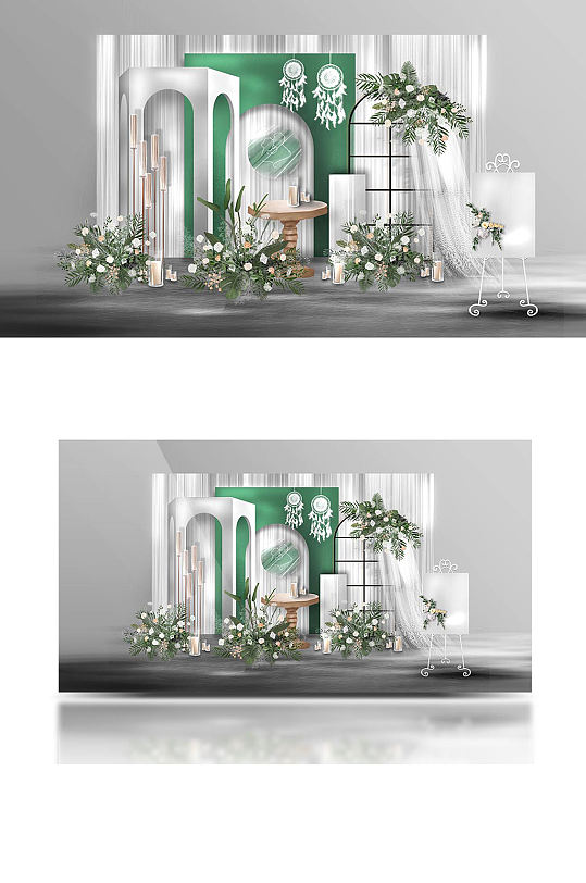 白绿色小清新婚礼效果图合影迎宾背景板-众图网