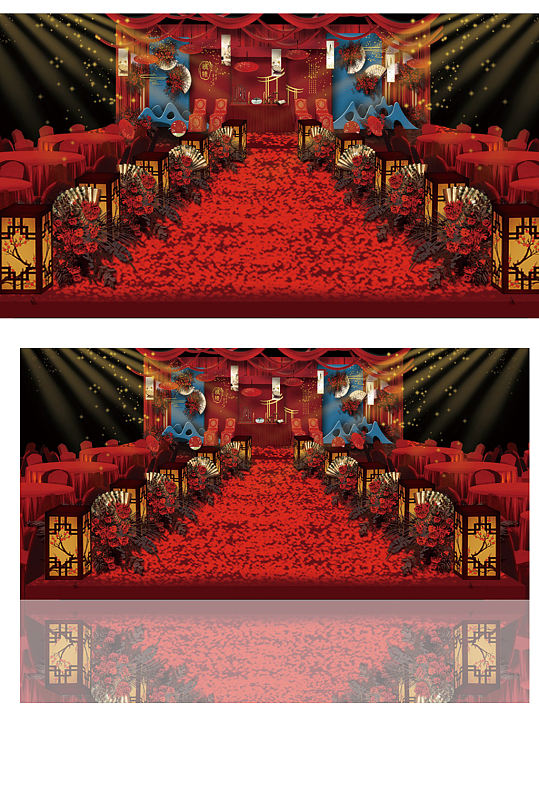 仪式区中式婚礼效果图红色舞台大气浪漫-众图网