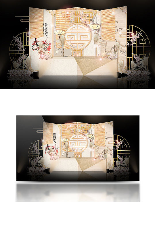 中式香槟色婚礼签到区效果图背景板合影-众图网