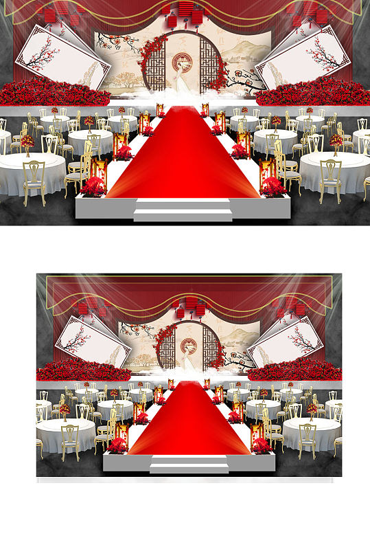 大气红色中式婚礼效果图舞台仪式区浪漫-众图网