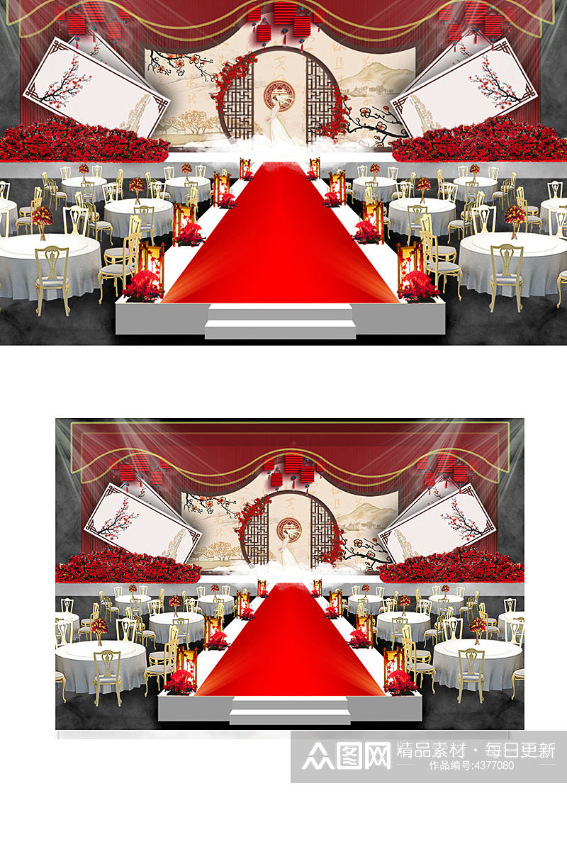 大气红色中式婚礼效果图舞台仪式区浪漫素材